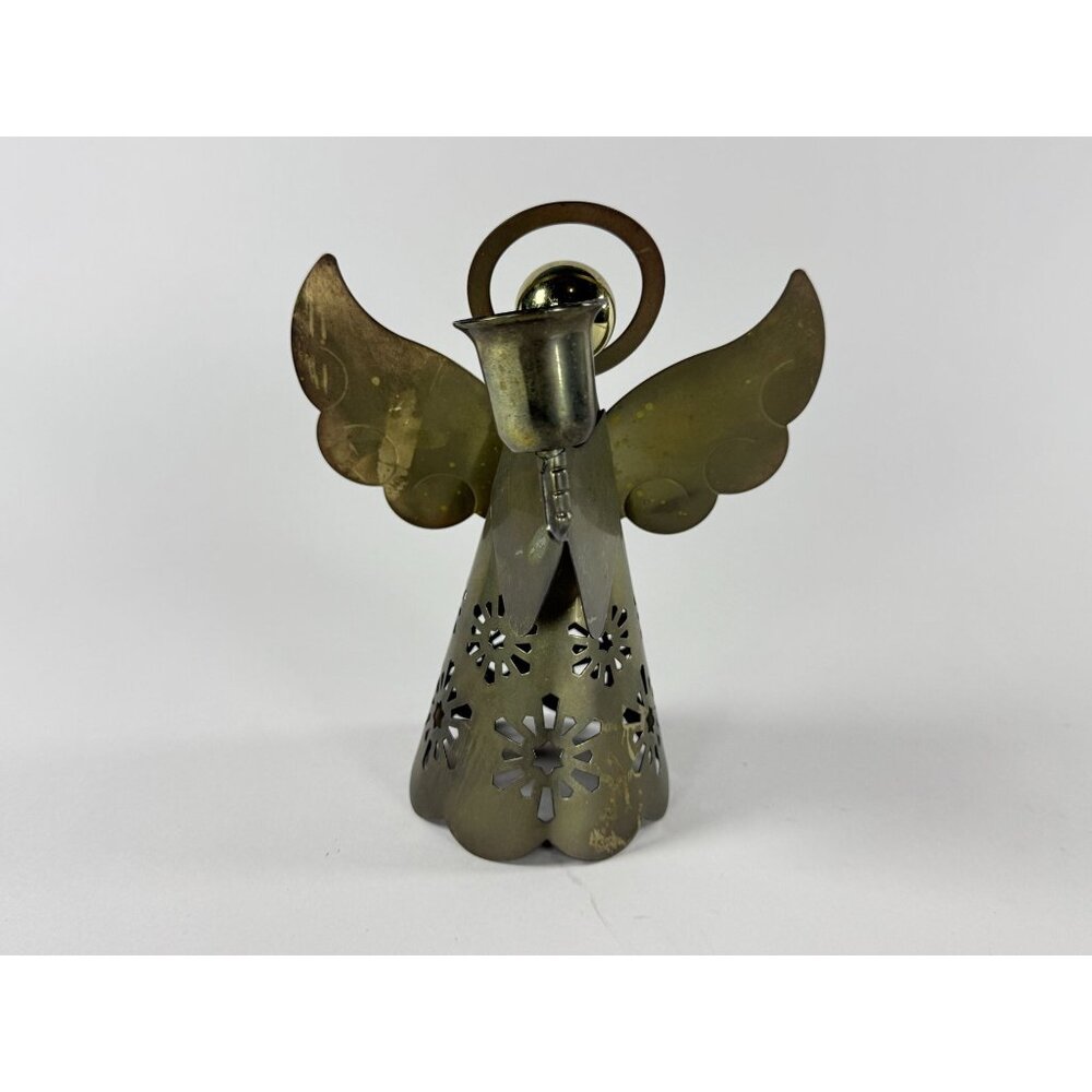 Vintage Brass Angel Candle Holder Snowflake Design Halo 6.5" Tall
